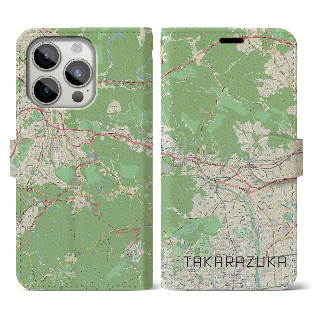 【宝塚(兵庫県)】地図柄iPhoneケース(手帳タイプ)ナチュラル・iPhone 15 Pro 用