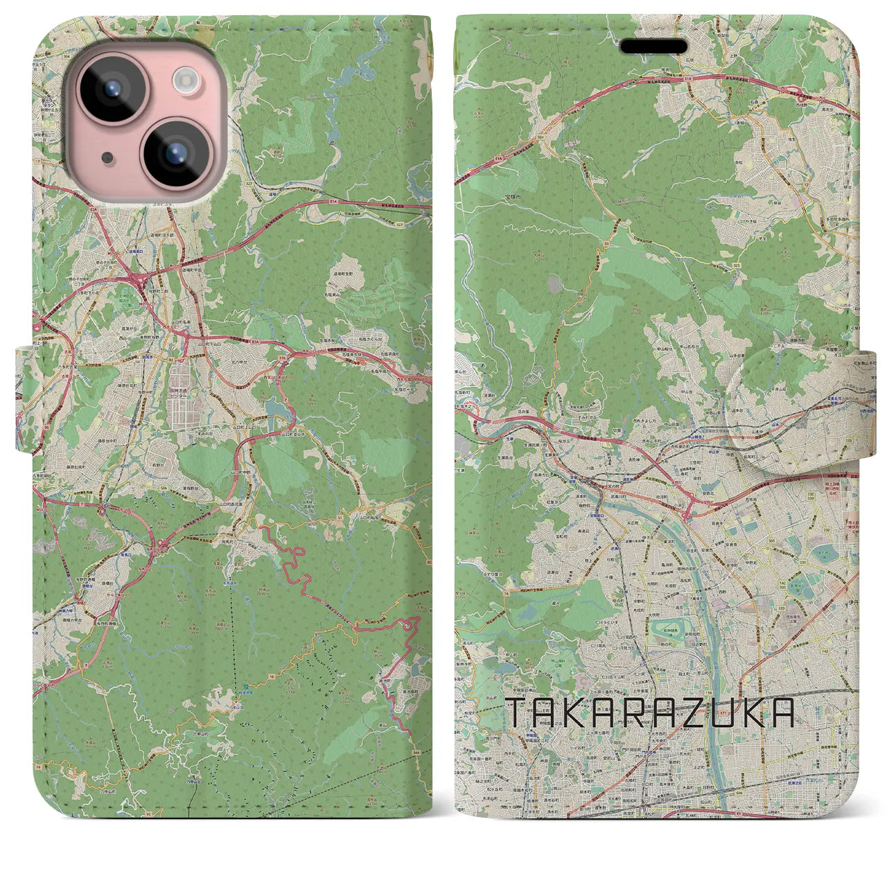 【宝塚(兵庫県)】地図柄iPhoneケース(手帳タイプ)ナチュラル・iPhone 15 Plus 用
