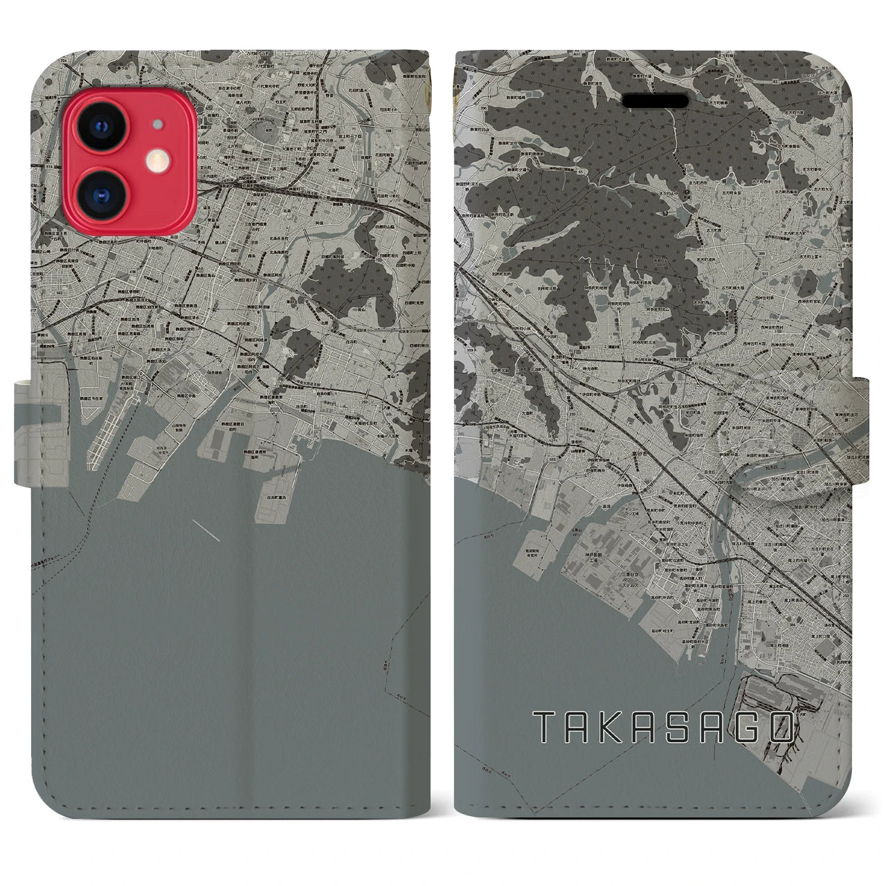 【高砂(兵庫県)】地図柄iPhoneケース(手帳タイプ)モノトーン・iPhone 11 用