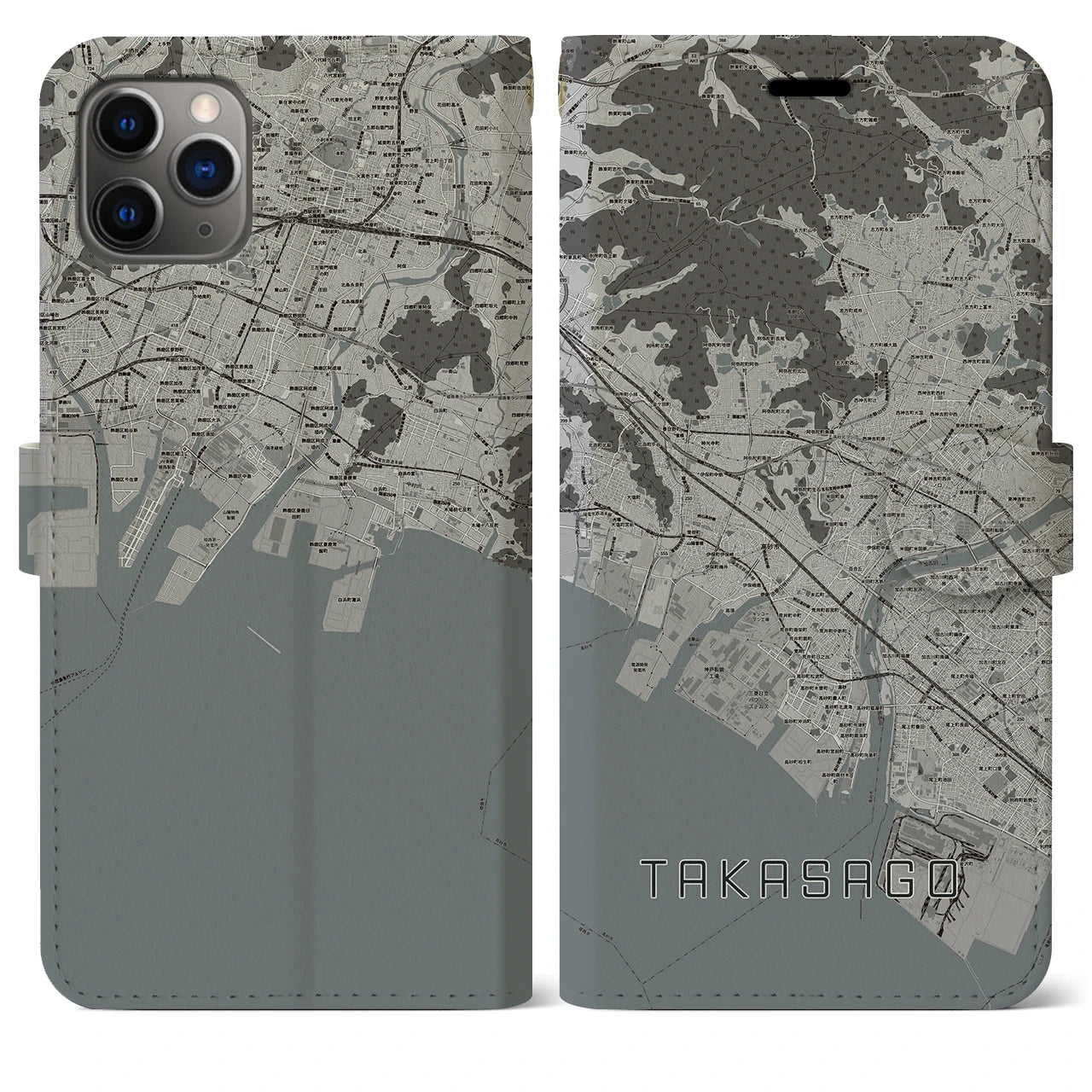 【高砂(兵庫県)】地図柄iPhoneケース(手帳タイプ)モノトーン・iPhone 11 Pro Max 用