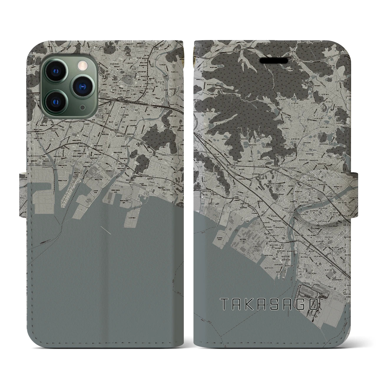 【高砂(兵庫県)】地図柄iPhoneケース(手帳タイプ)モノトーン・iPhone 11 Pro 用