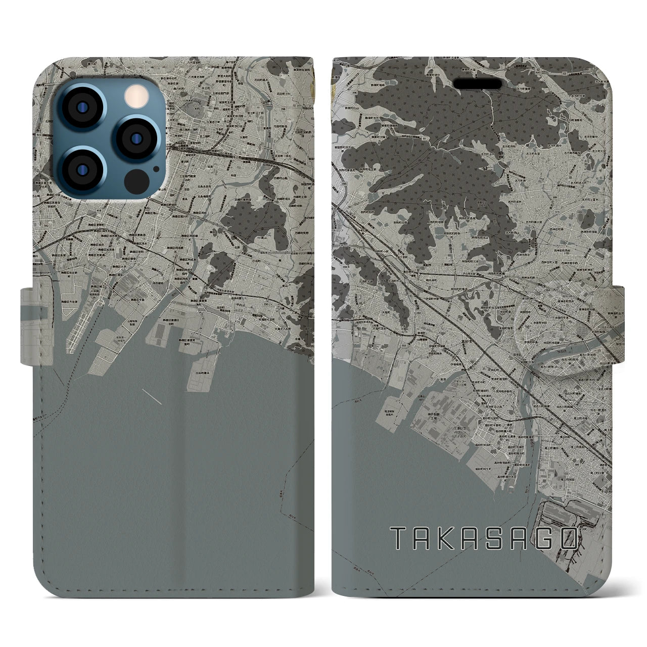 【高砂(兵庫県)】地図柄iPhoneケース(手帳タイプ)モノトーン・iPhone 12 / 12 Pro 用