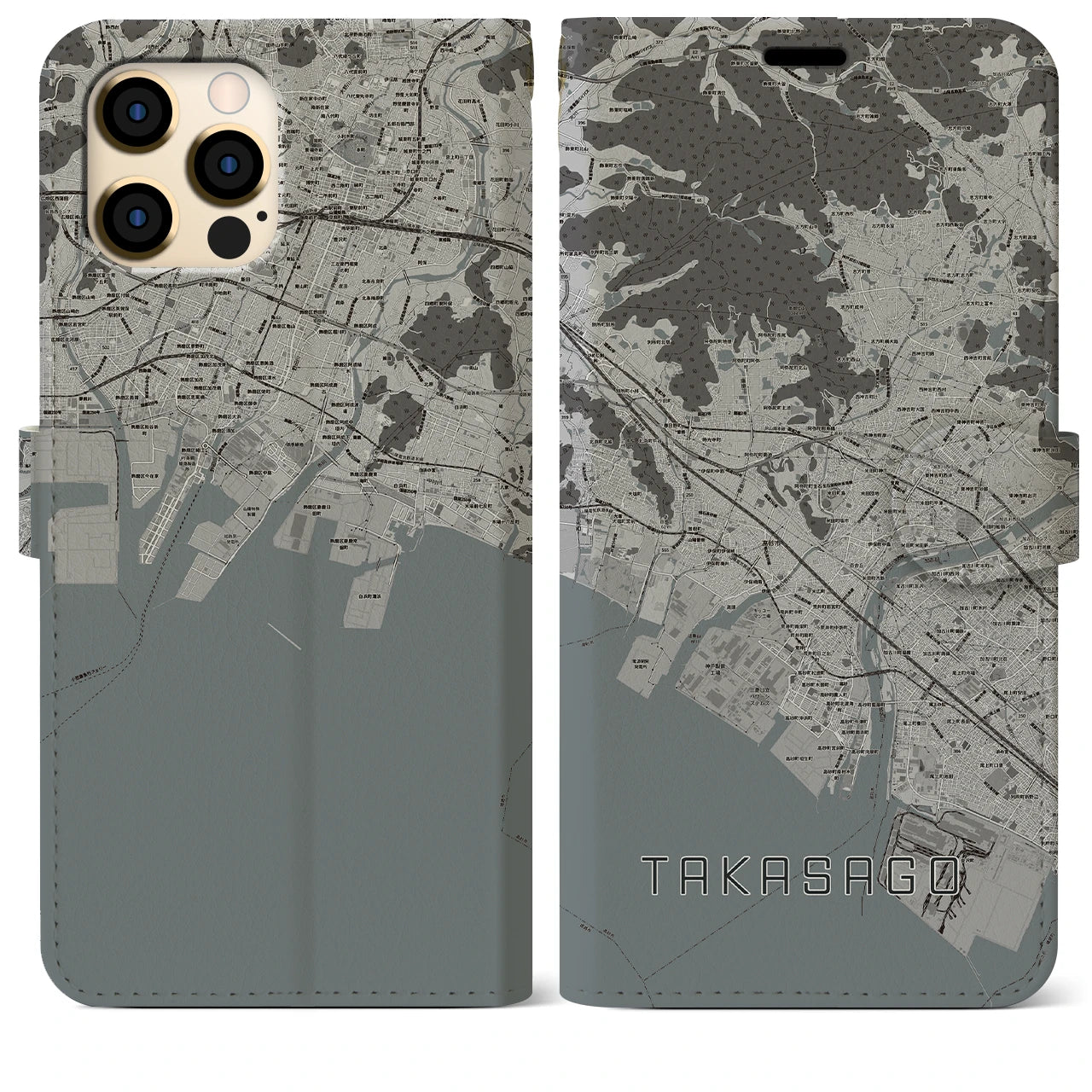 【高砂(兵庫県)】地図柄iPhoneケース(手帳タイプ)モノトーン・iPhone 12 Pro Max 用