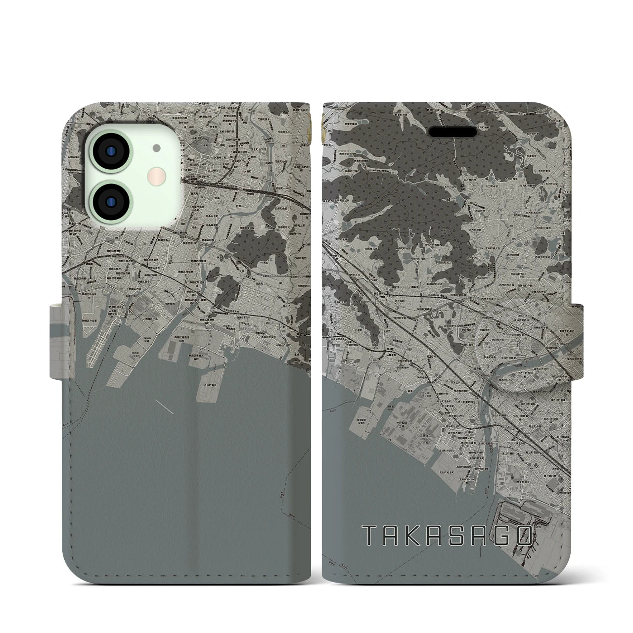【高砂(兵庫県)】地図柄iPhoneケース(手帳タイプ)モノトーン・iPhone 12 mini 用