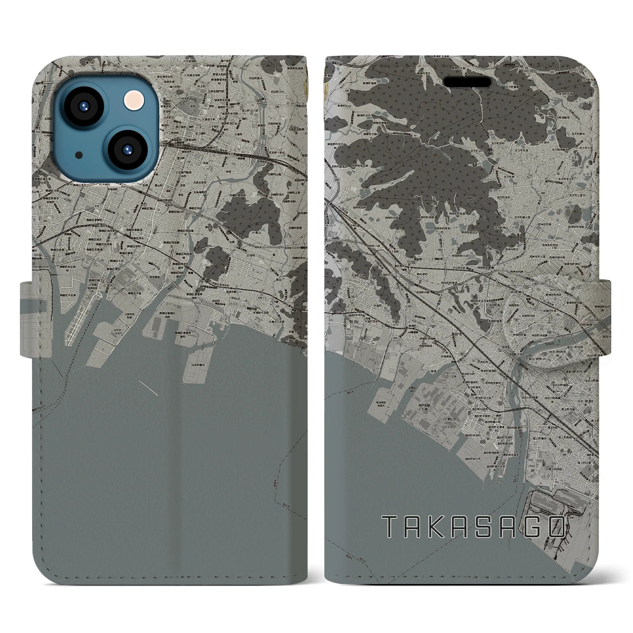 【高砂(兵庫県)】地図柄iPhoneケース(手帳タイプ)モノトーン・iPhone 13 用