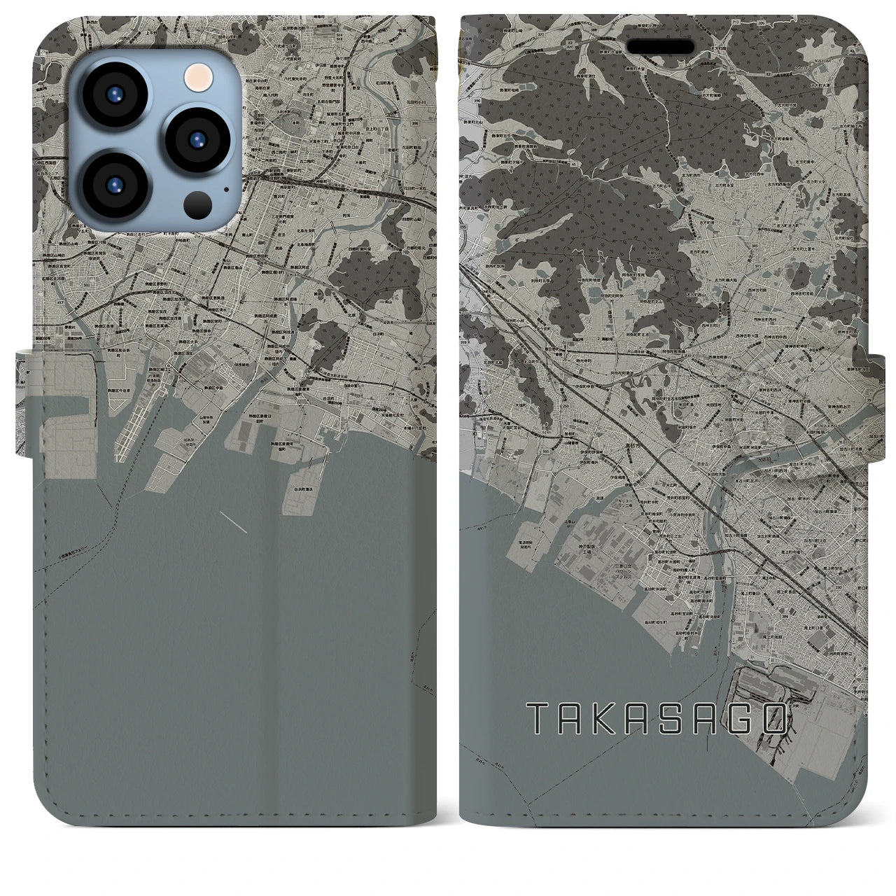 【高砂(兵庫県)】地図柄iPhoneケース(手帳タイプ)モノトーン・iPhone 13 Pro Max 用
