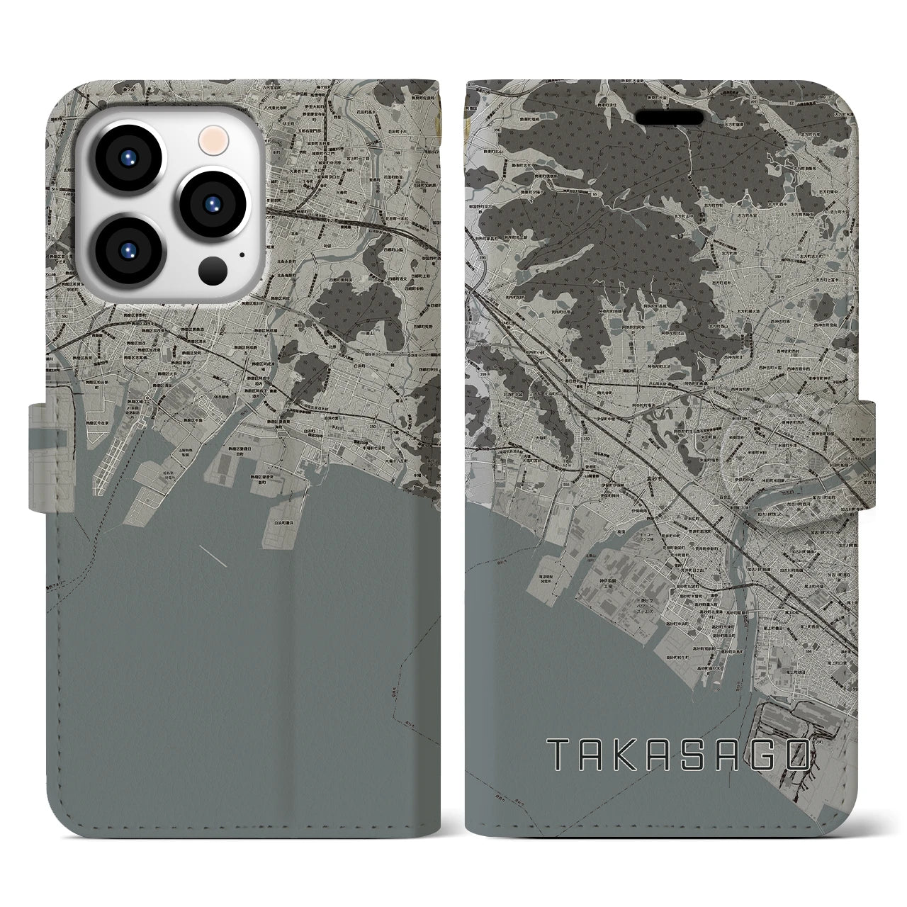 【高砂(兵庫県)】地図柄iPhoneケース(手帳タイプ)モノトーン・iPhone 13 Pro 用