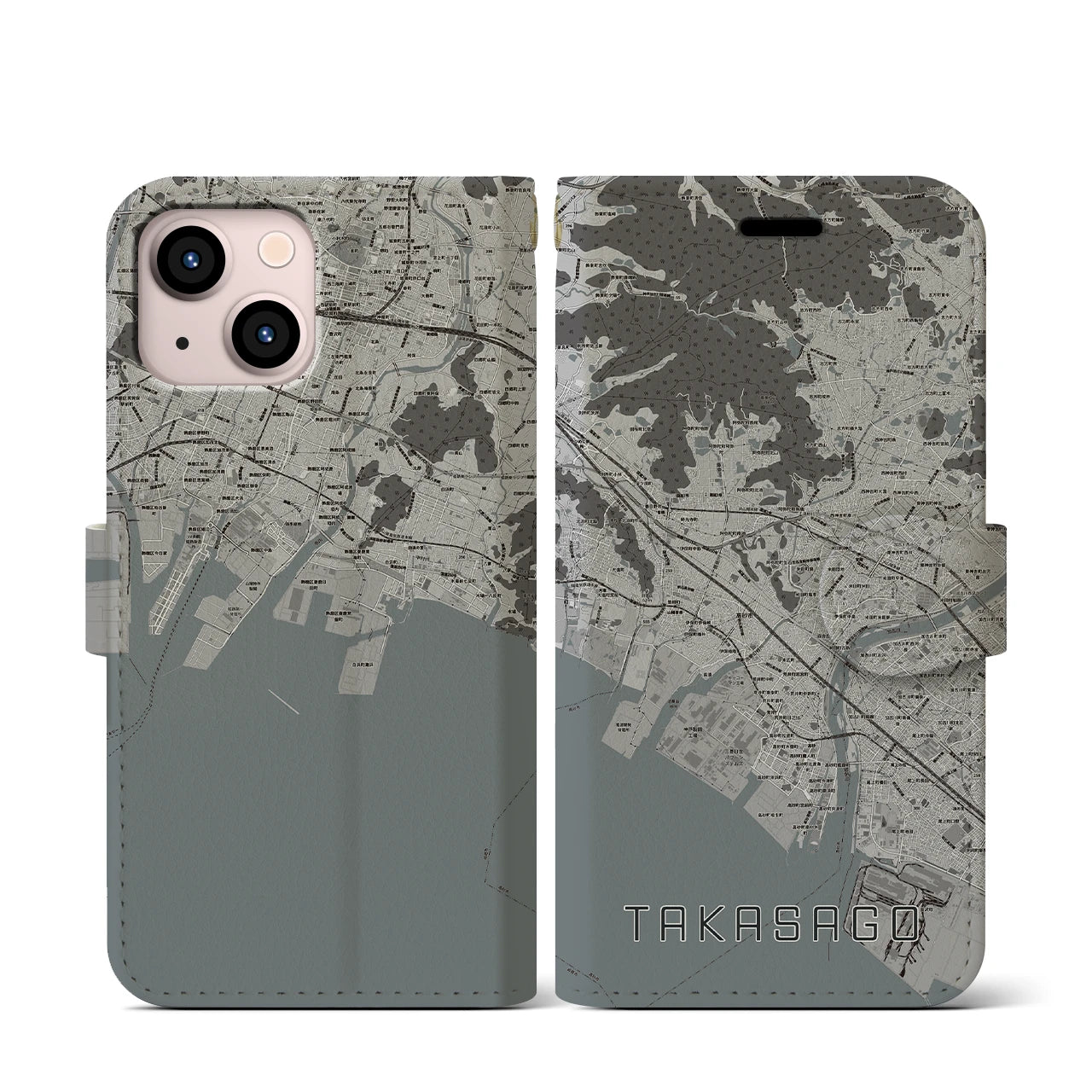 【高砂(兵庫県)】地図柄iPhoneケース(手帳タイプ)モノトーン・iPhone 13 mini 用
