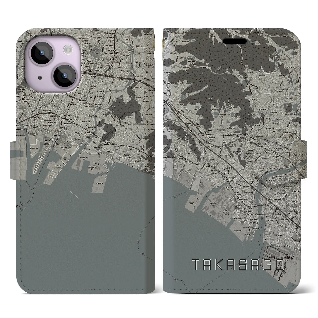 【高砂(兵庫県)】地図柄iPhoneケース(手帳タイプ)モノトーン・iPhone 14 用