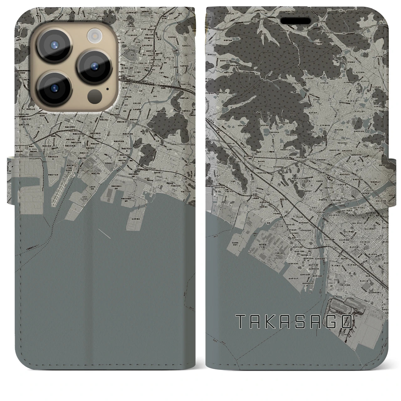 【高砂(兵庫県)】地図柄iPhoneケース(手帳タイプ)モノトーン・iPhone 14 Pro Max 用