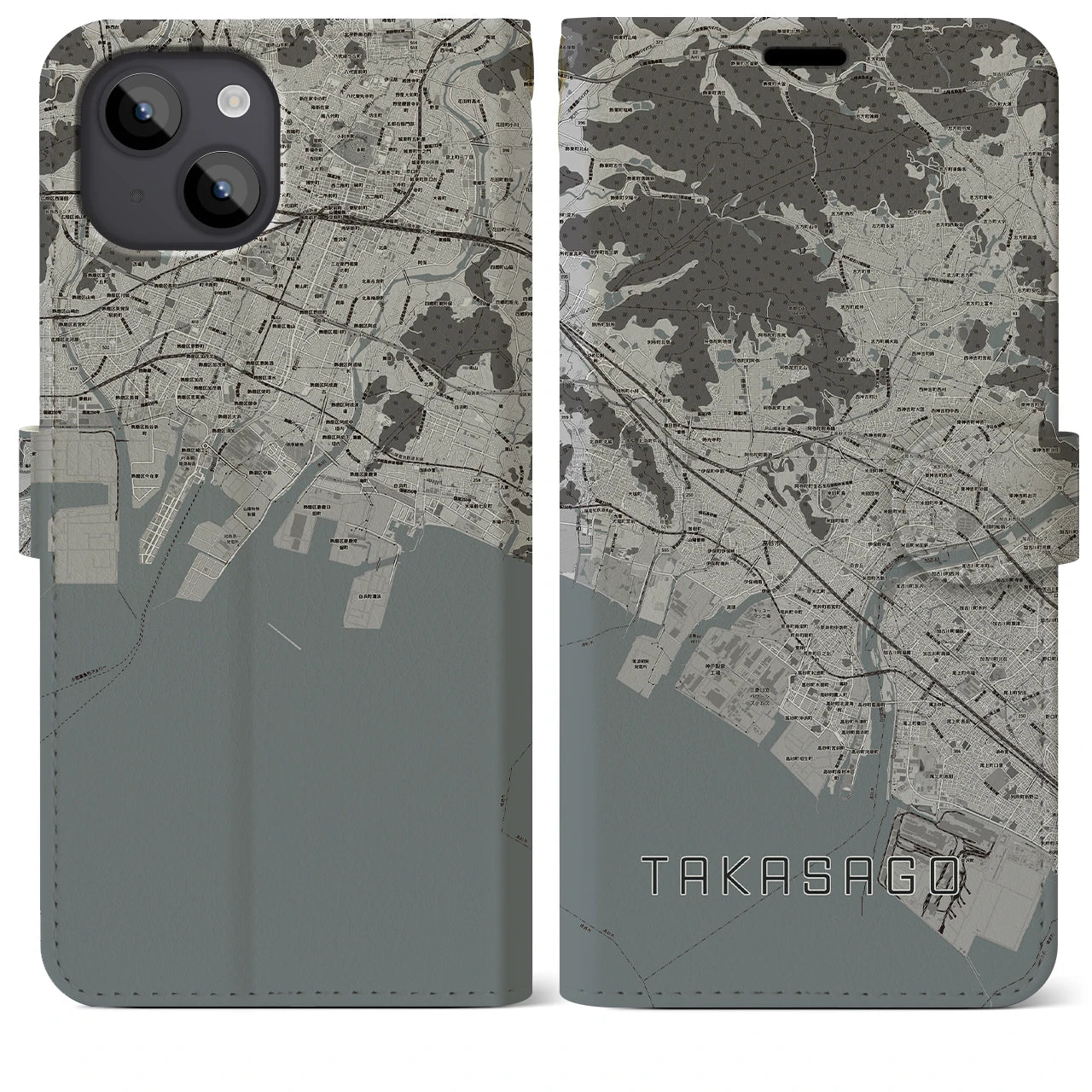 【高砂(兵庫県)】地図柄iPhoneケース(手帳タイプ)モノトーン・iPhone 14 Plus 用