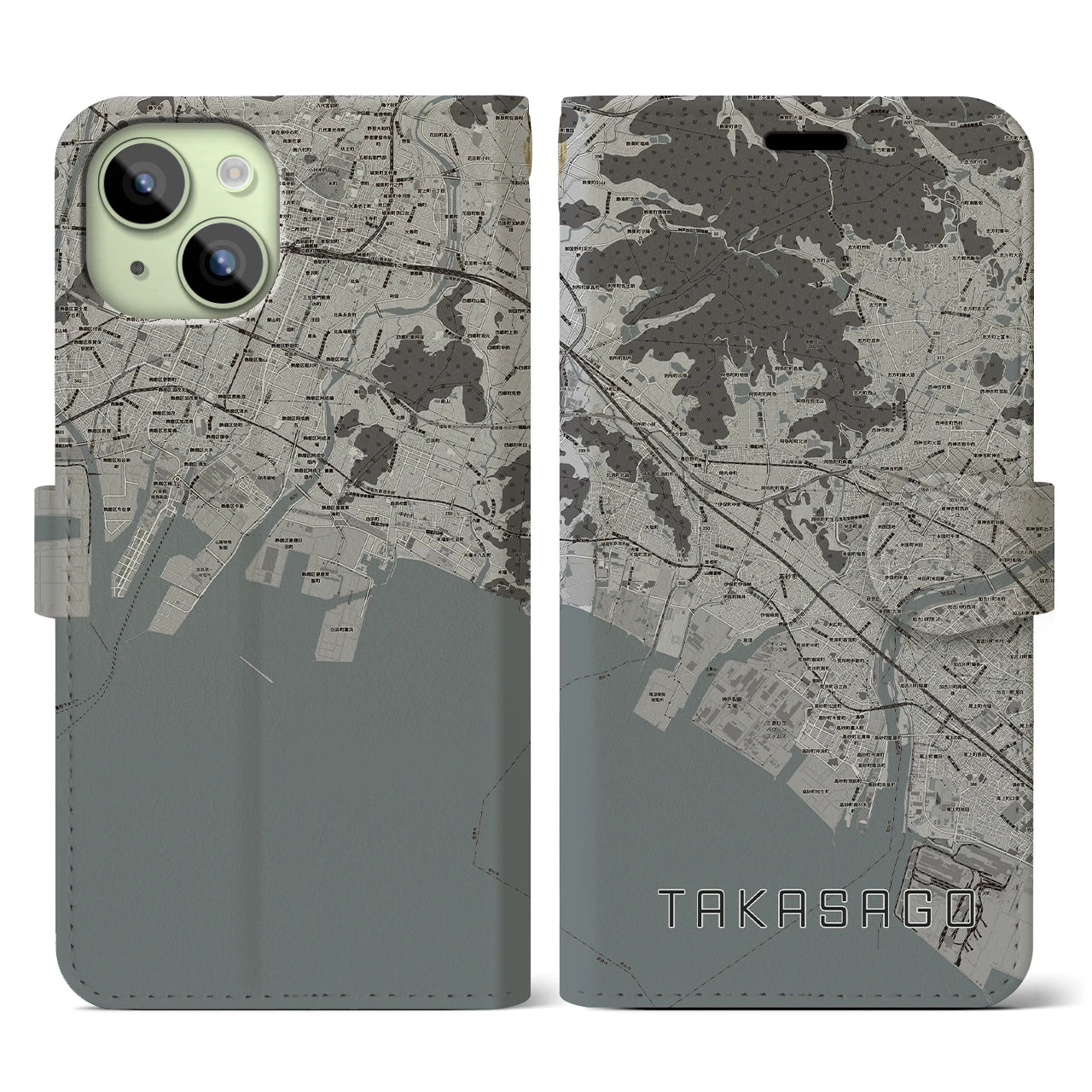 【高砂(兵庫県)】地図柄iPhoneケース(手帳タイプ)モノトーン・iPhone 15 用