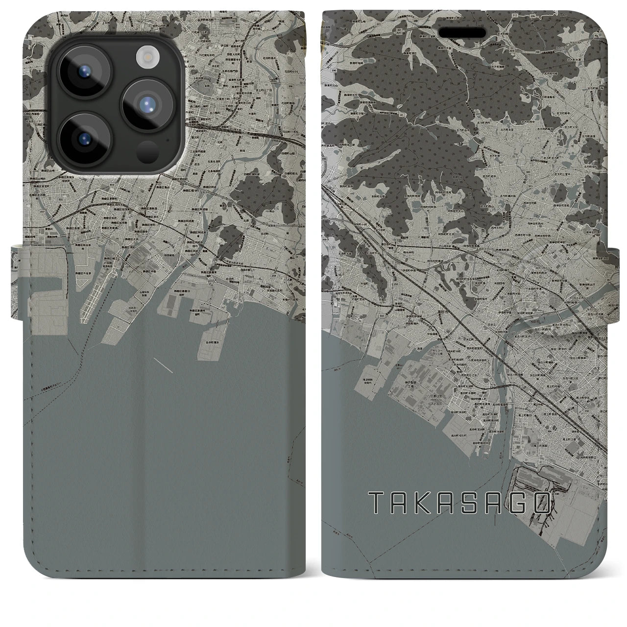 【高砂(兵庫県)】地図柄iPhoneケース(手帳タイプ)モノトーン・iPhone 15 Pro Max 用