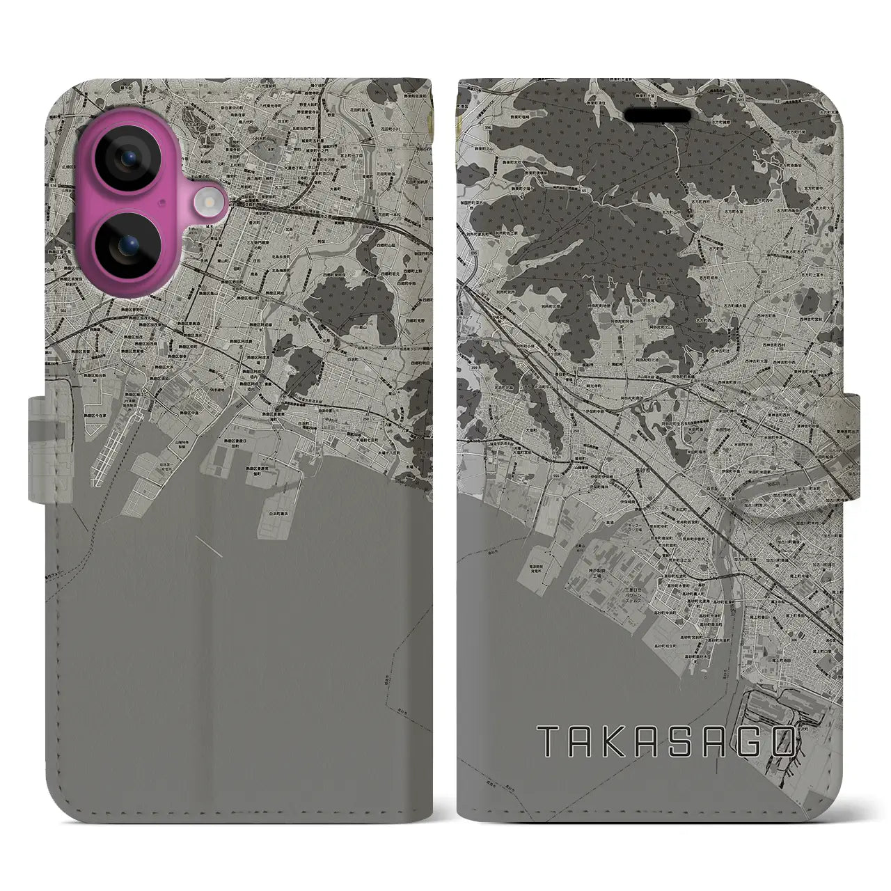 【高砂(兵庫県)】地図柄iPhoneケース(手帳タイプ)モノトーン・iPhone 16 Pro 用