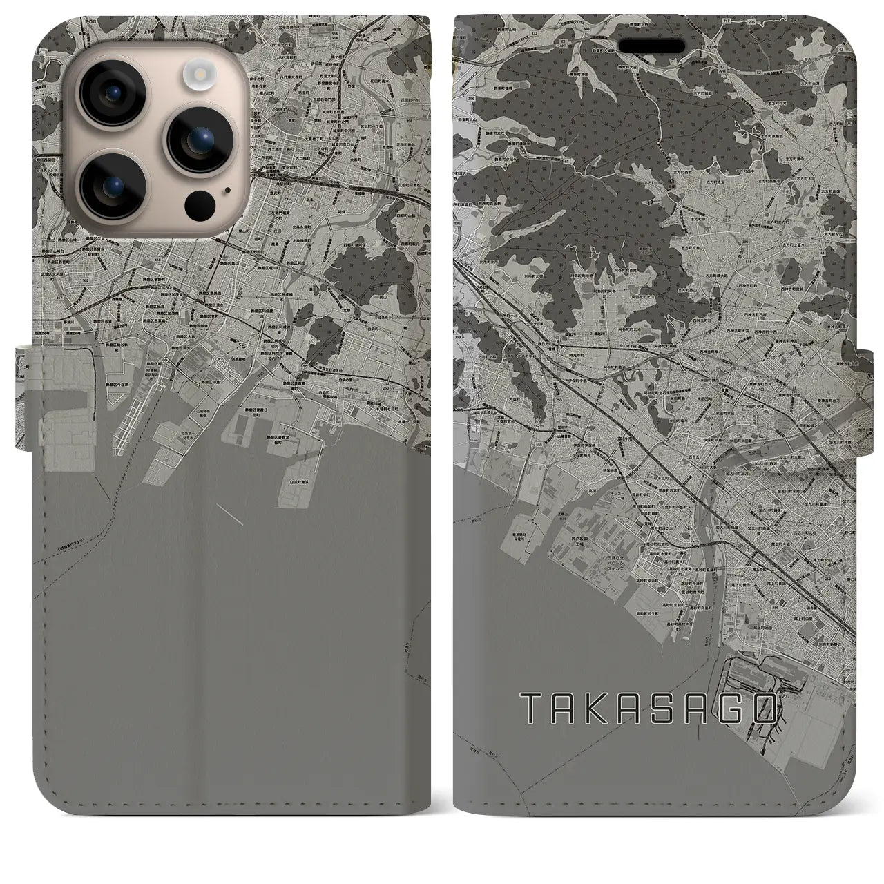 【高砂(兵庫県)】地図柄iPhoneケース(手帳タイプ)モノトーン・iPhone 16 Plus 用