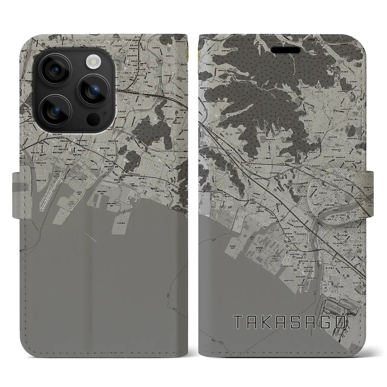 【高砂(兵庫県)】地図柄iPhoneケース(手帳タイプ)モノトーン・iPhone 16 用
