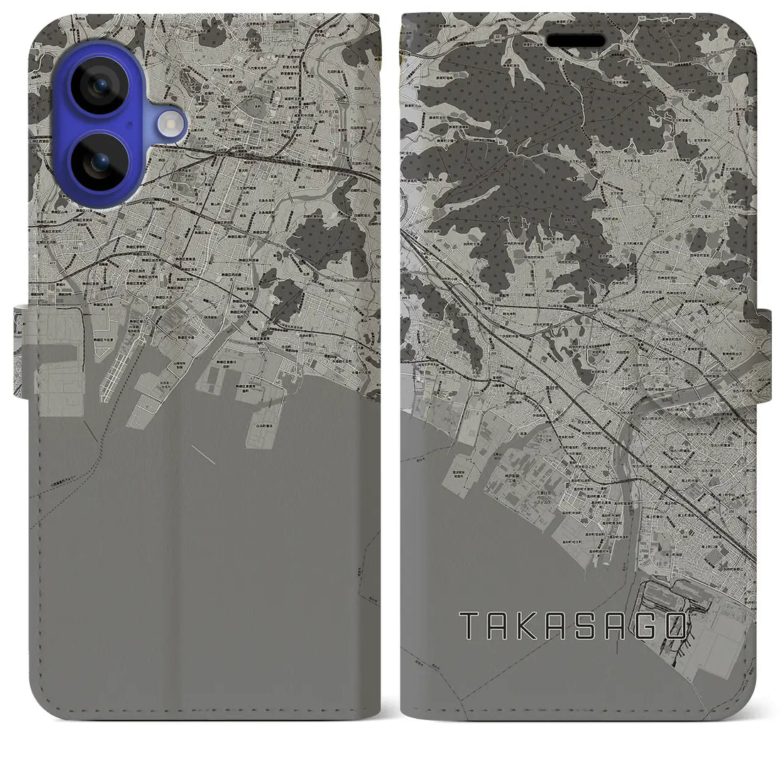 【高砂(兵庫県)】地図柄iPhoneケース(手帳タイプ)モノトーン・iPhone 16 Pro Max 用