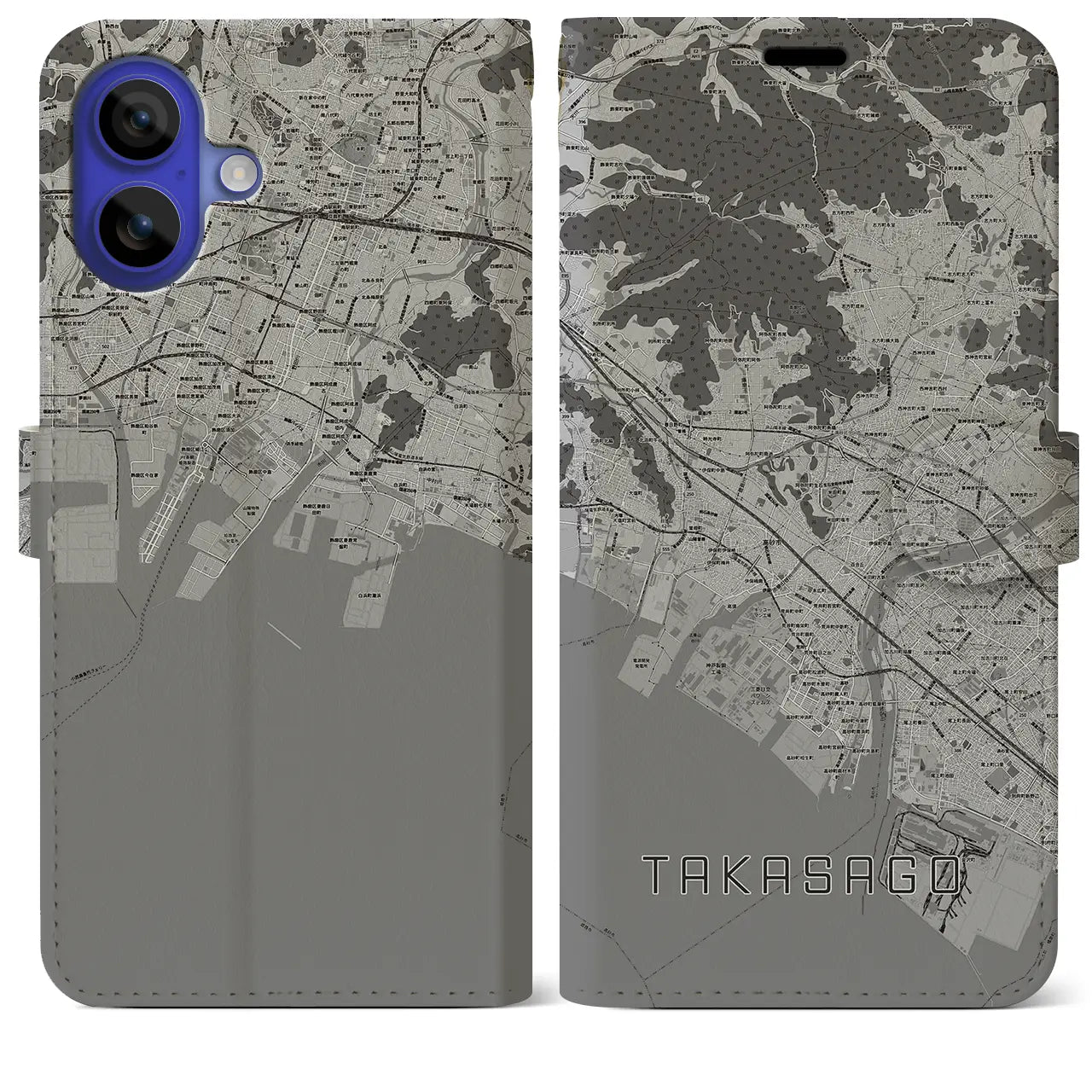 【高砂(兵庫県)】地図柄iPhoneケース(手帳タイプ)モノトーン・iPhone 16 Pro Max 用