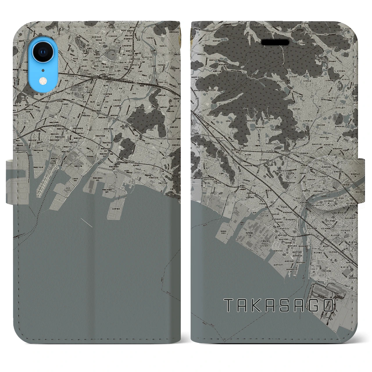 【高砂(兵庫県)】地図柄iPhoneケース(手帳タイプ)モノトーン・iPhone XR 用