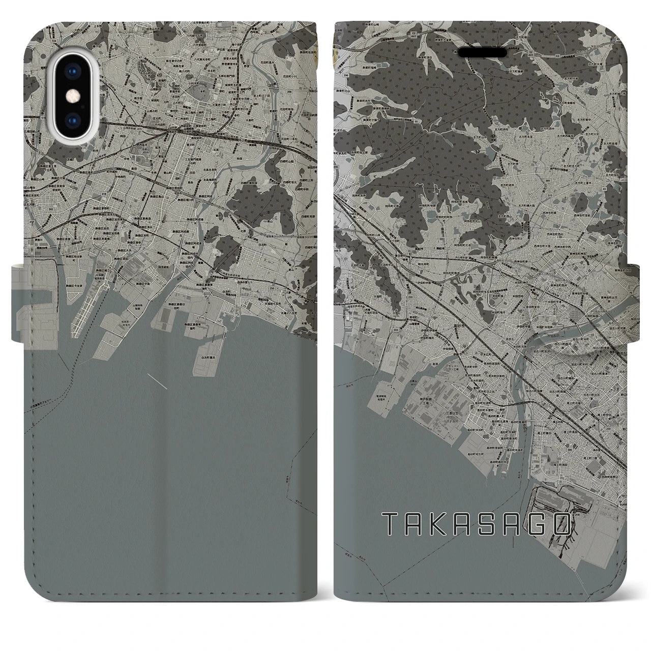 【高砂(兵庫県)】地図柄iPhoneケース(手帳タイプ)モノトーン・iPhone XS Max 用
