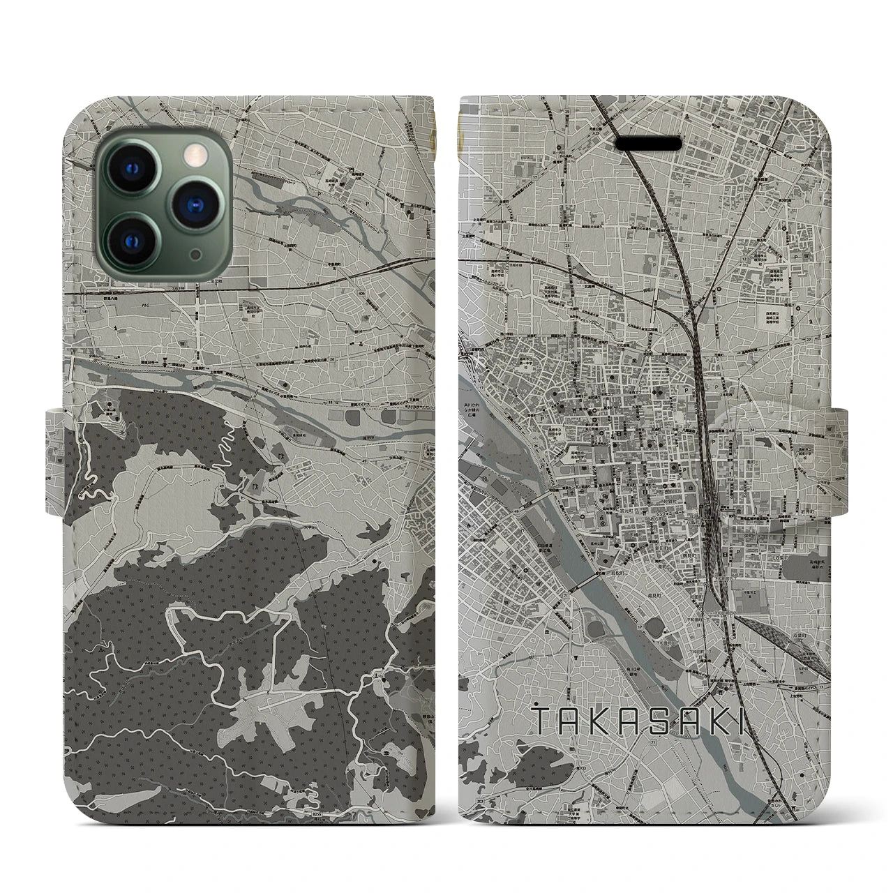 【高崎(群馬県)】地図柄iPhoneケース(手帳タイプ)モノトーン・iPhone 11 Pro 用