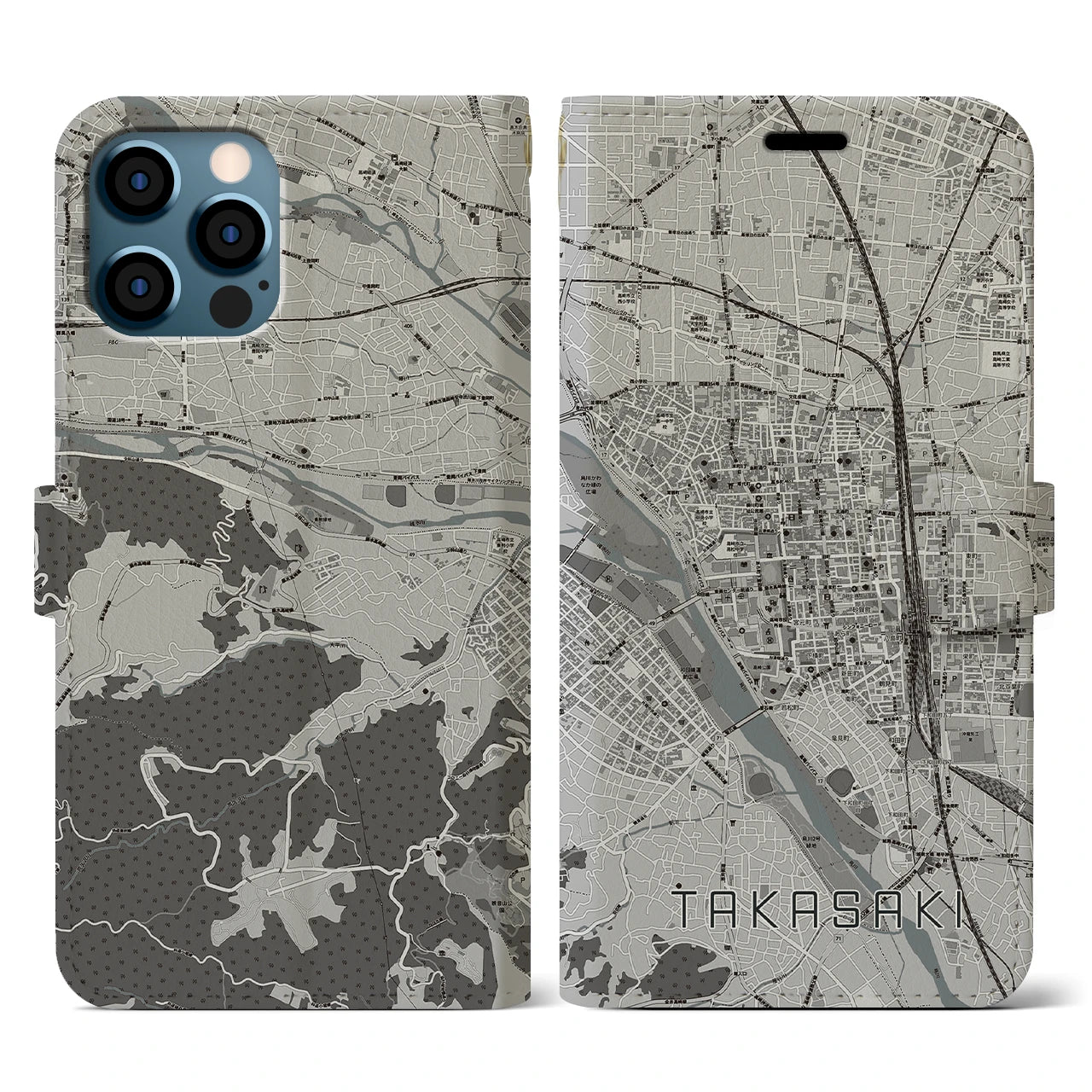 【高崎(群馬県)】地図柄iPhoneケース(手帳タイプ)モノトーン・iPhone 12 / 12 Pro 用
