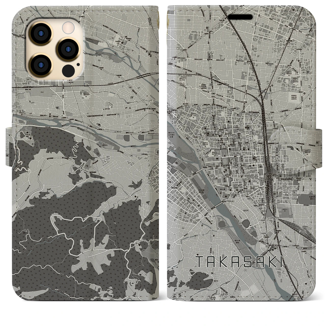 【高崎(群馬県)】地図柄iPhoneケース(手帳タイプ)モノトーン・iPhone 12 Pro Max 用