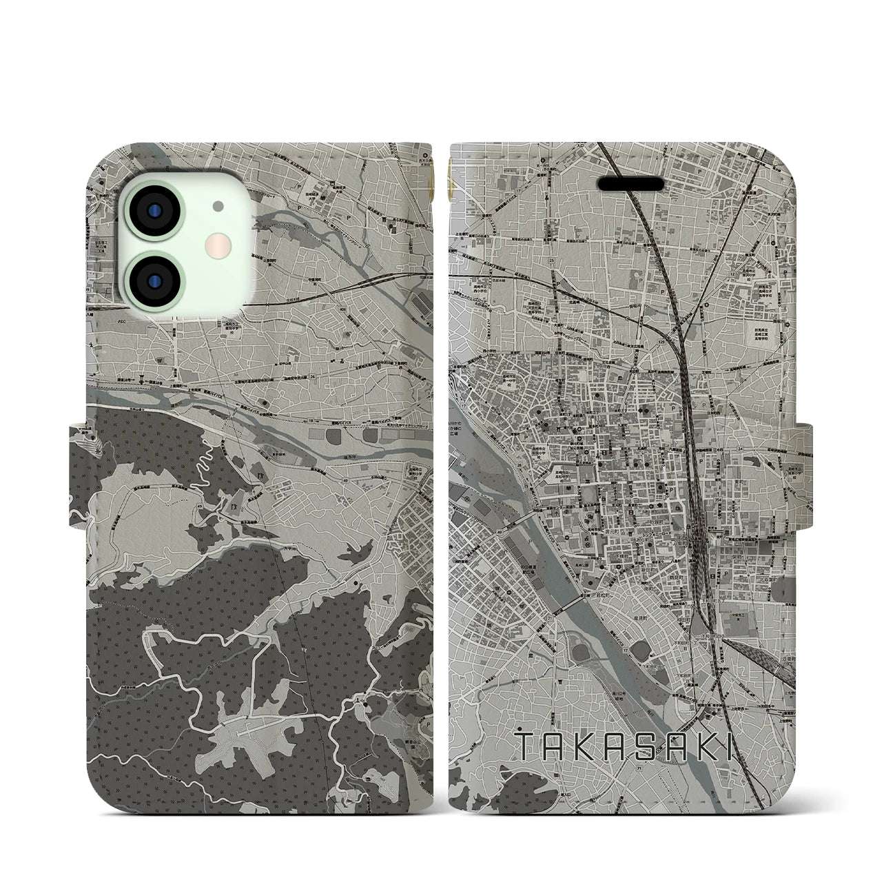 【高崎(群馬県)】地図柄iPhoneケース(手帳タイプ)モノトーン・iPhone 12 mini 用