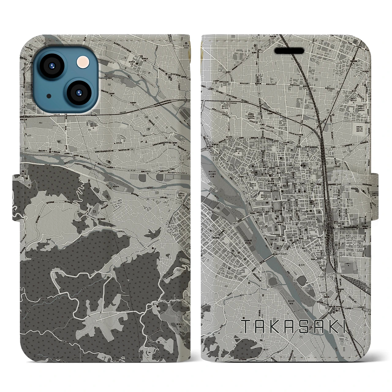 【高崎(群馬県)】地図柄iPhoneケース(手帳タイプ)モノトーン・iPhone 13 用