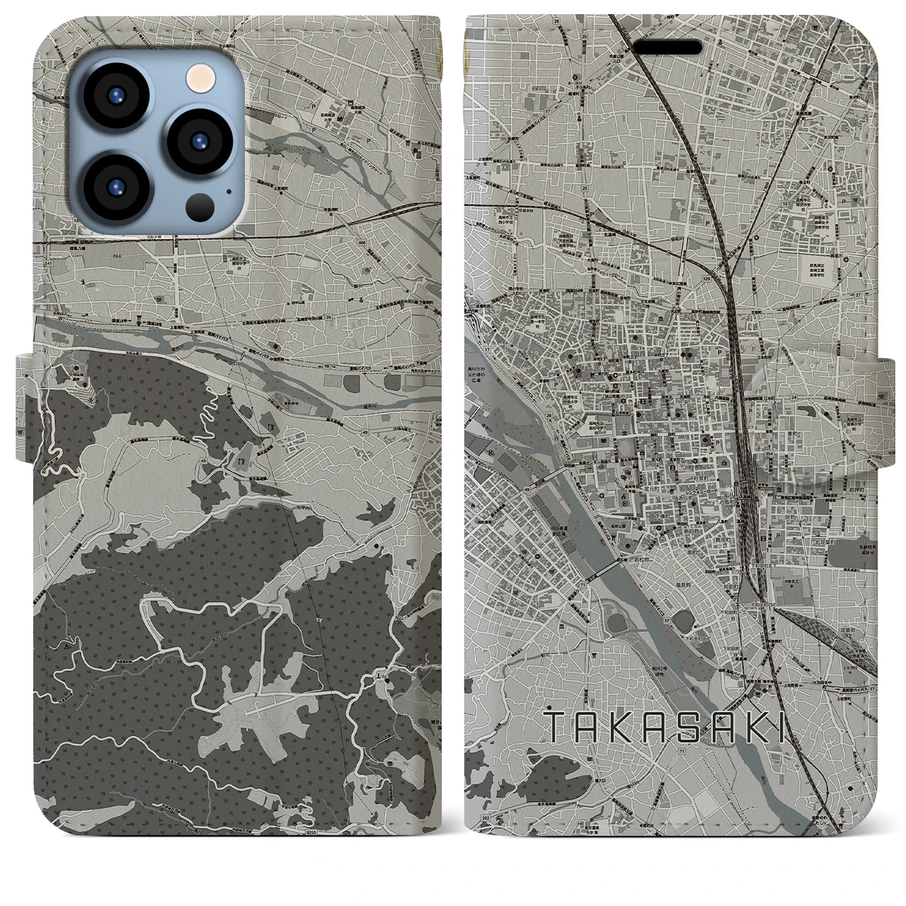 【高崎(群馬県)】地図柄iPhoneケース(手帳タイプ)モノトーン・iPhone 13 Pro Max 用