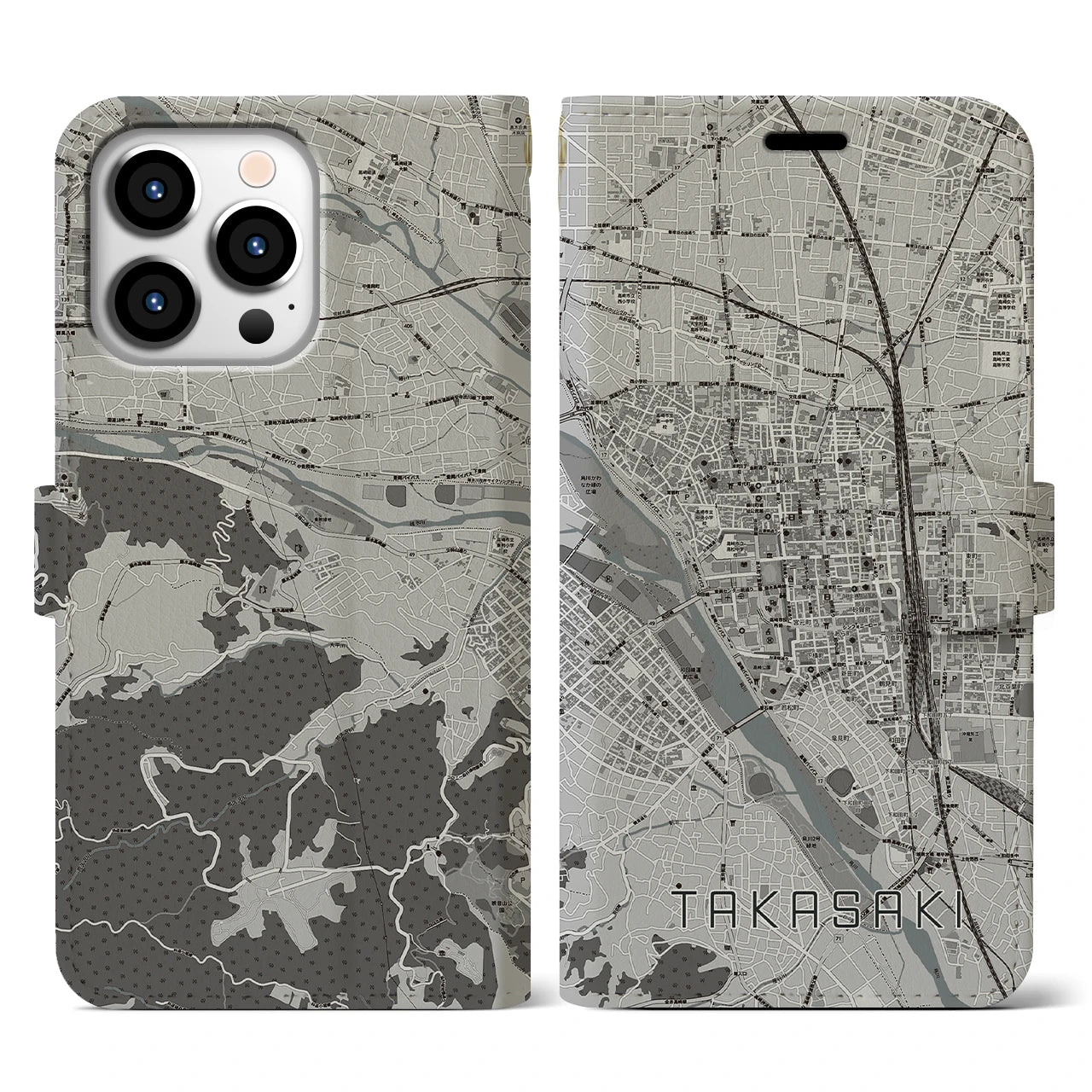 【高崎(群馬県)】地図柄iPhoneケース(手帳タイプ)モノトーン・iPhone 13 Pro 用