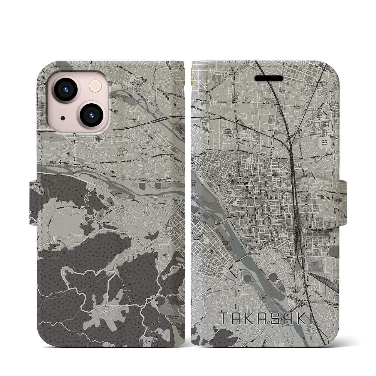 【高崎(群馬県)】地図柄iPhoneケース(手帳タイプ)モノトーン・iPhone 13 mini 用