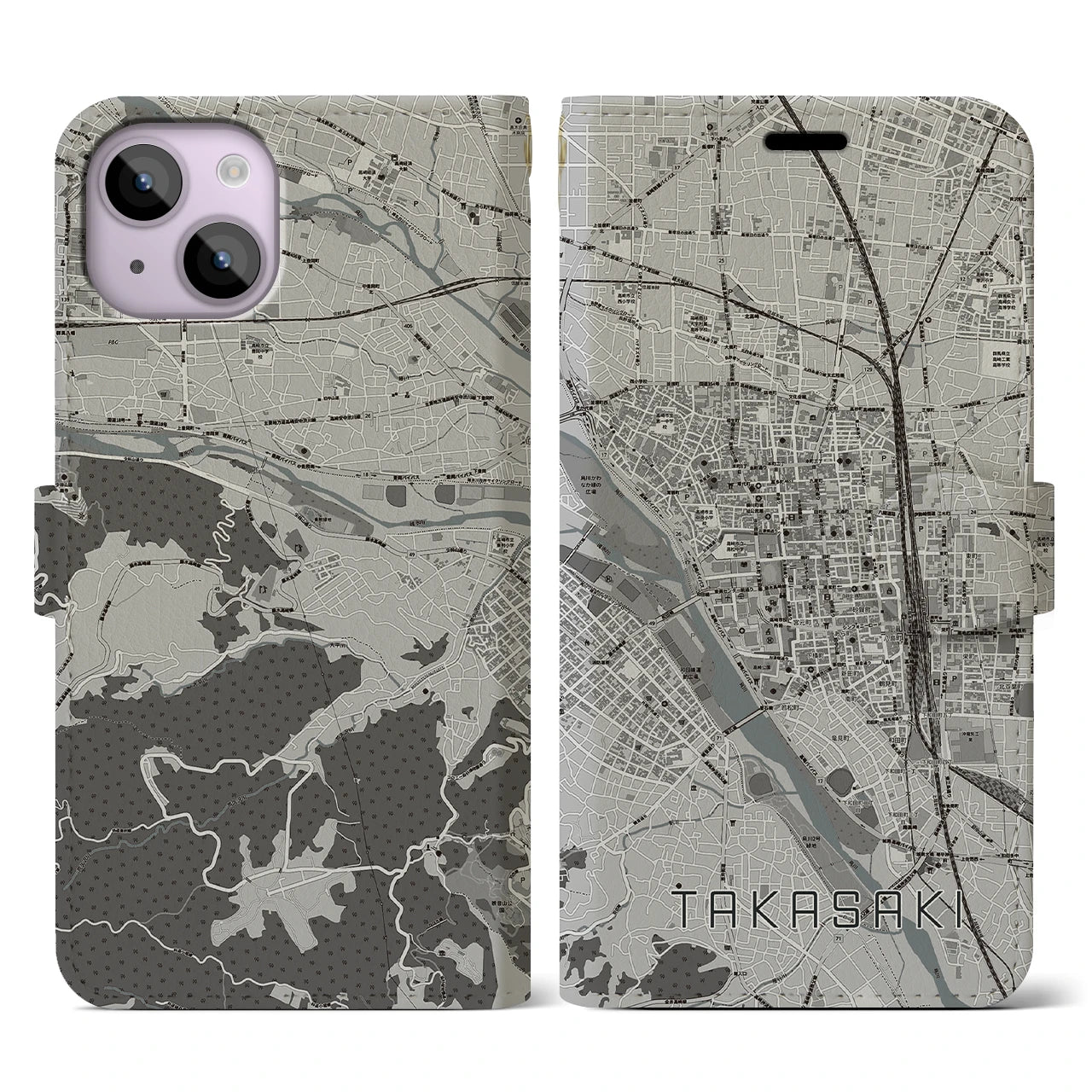 【高崎(群馬県)】地図柄iPhoneケース(手帳タイプ)モノトーン・iPhone 14 用