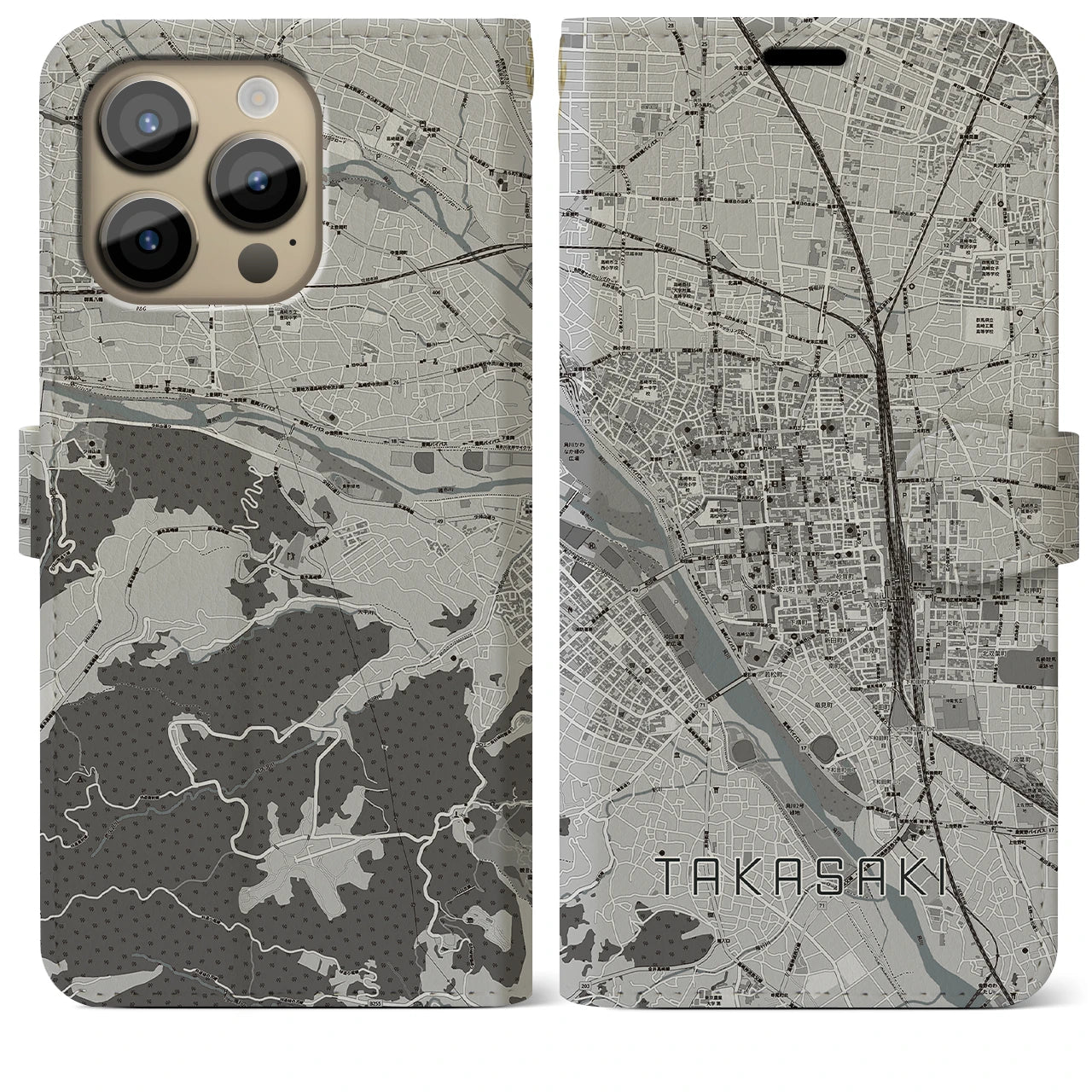 【高崎(群馬県)】地図柄iPhoneケース(手帳タイプ)モノトーン・iPhone 14 Pro Max 用