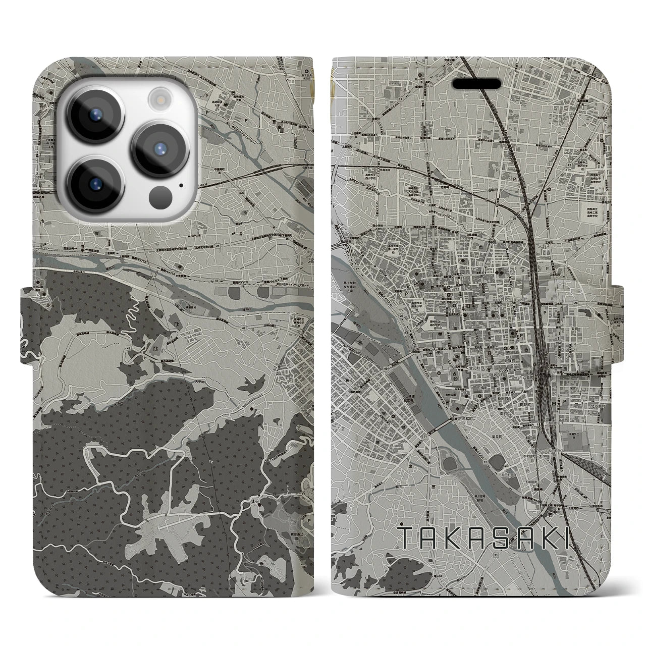 【高崎(群馬県)】地図柄iPhoneケース(手帳タイプ)モノトーン・iPhone 14 Pro 用