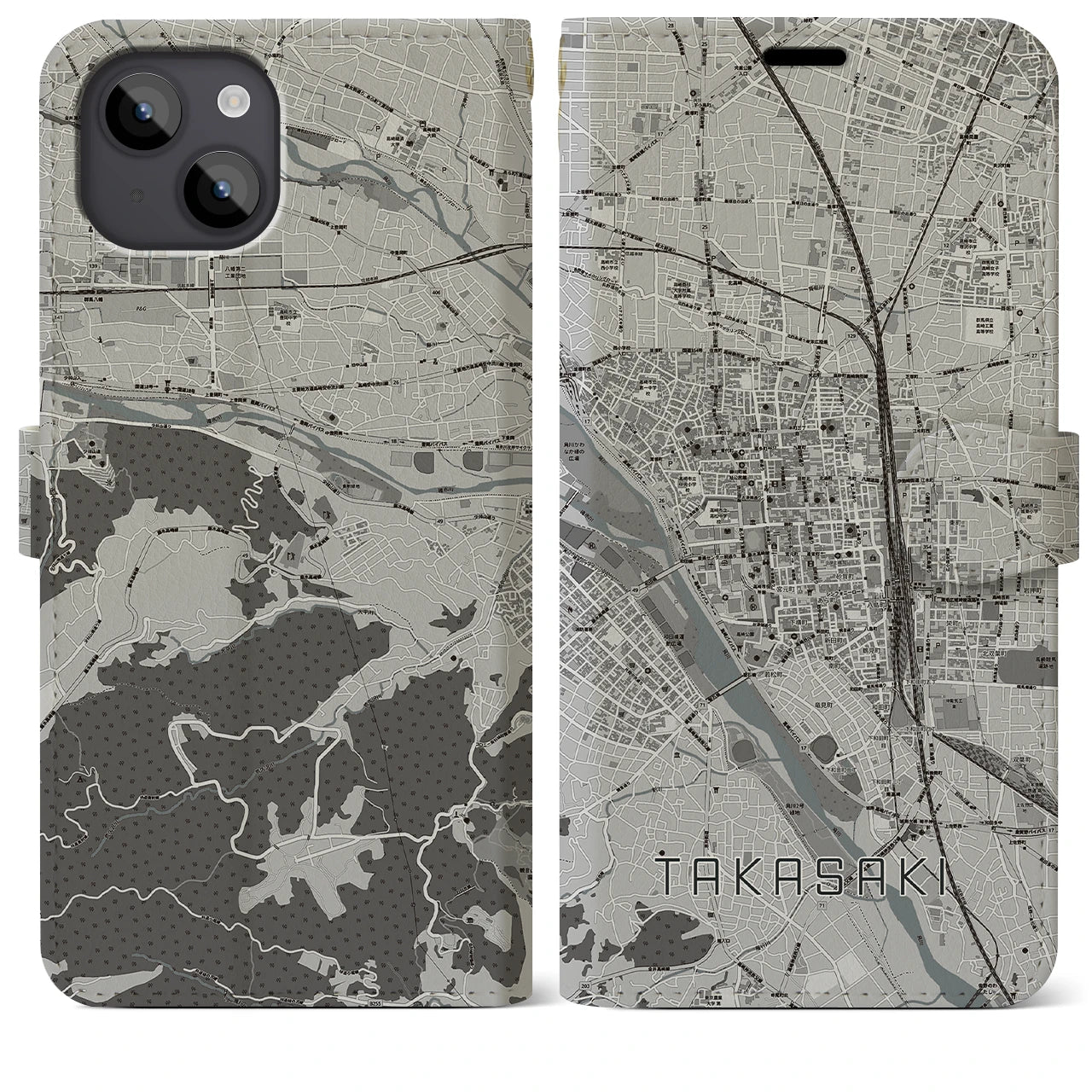 【高崎(群馬県)】地図柄iPhoneケース(手帳タイプ)モノトーン・iPhone 14 Plus 用