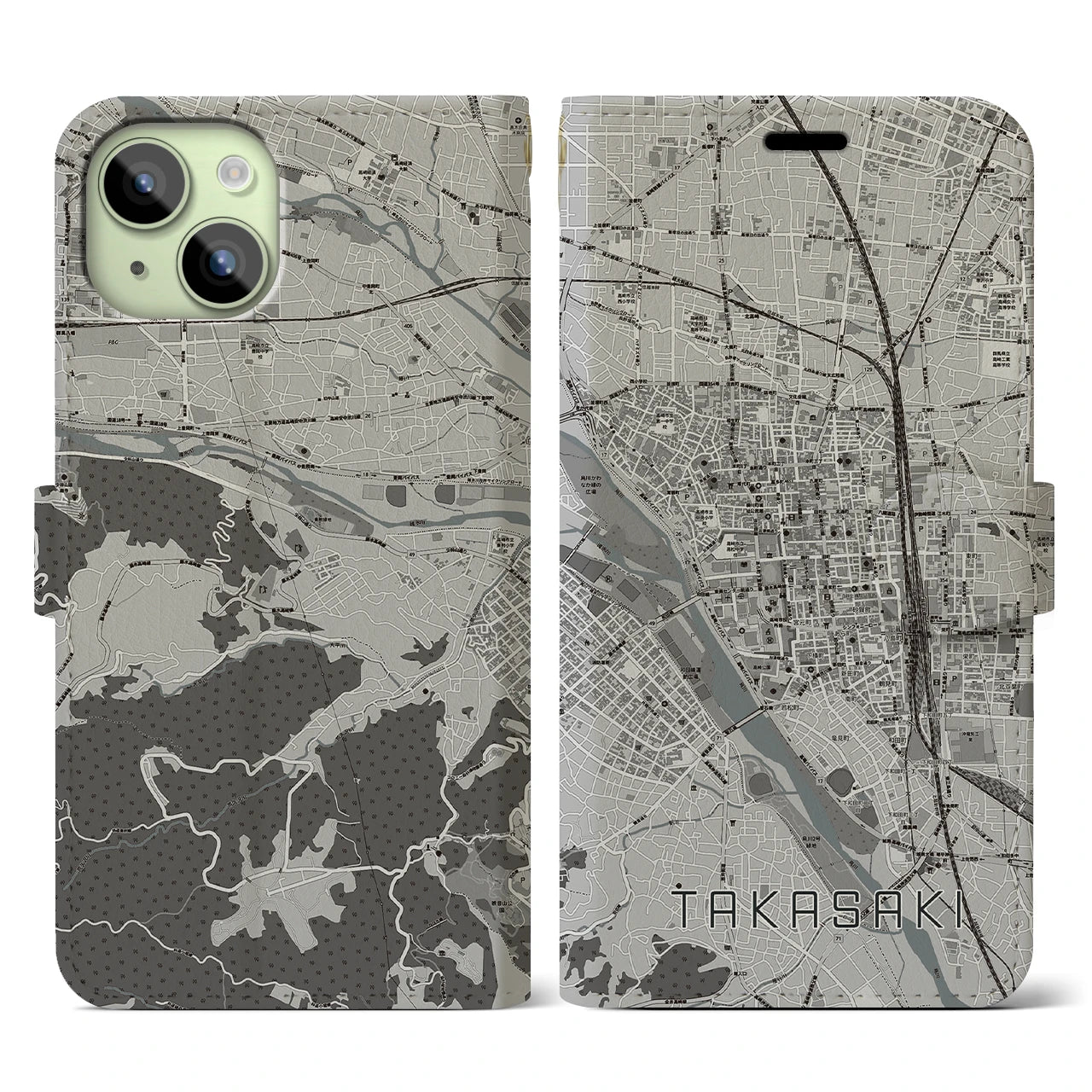 【高崎(群馬県)】地図柄iPhoneケース(手帳タイプ)モノトーン・iPhone 15 用