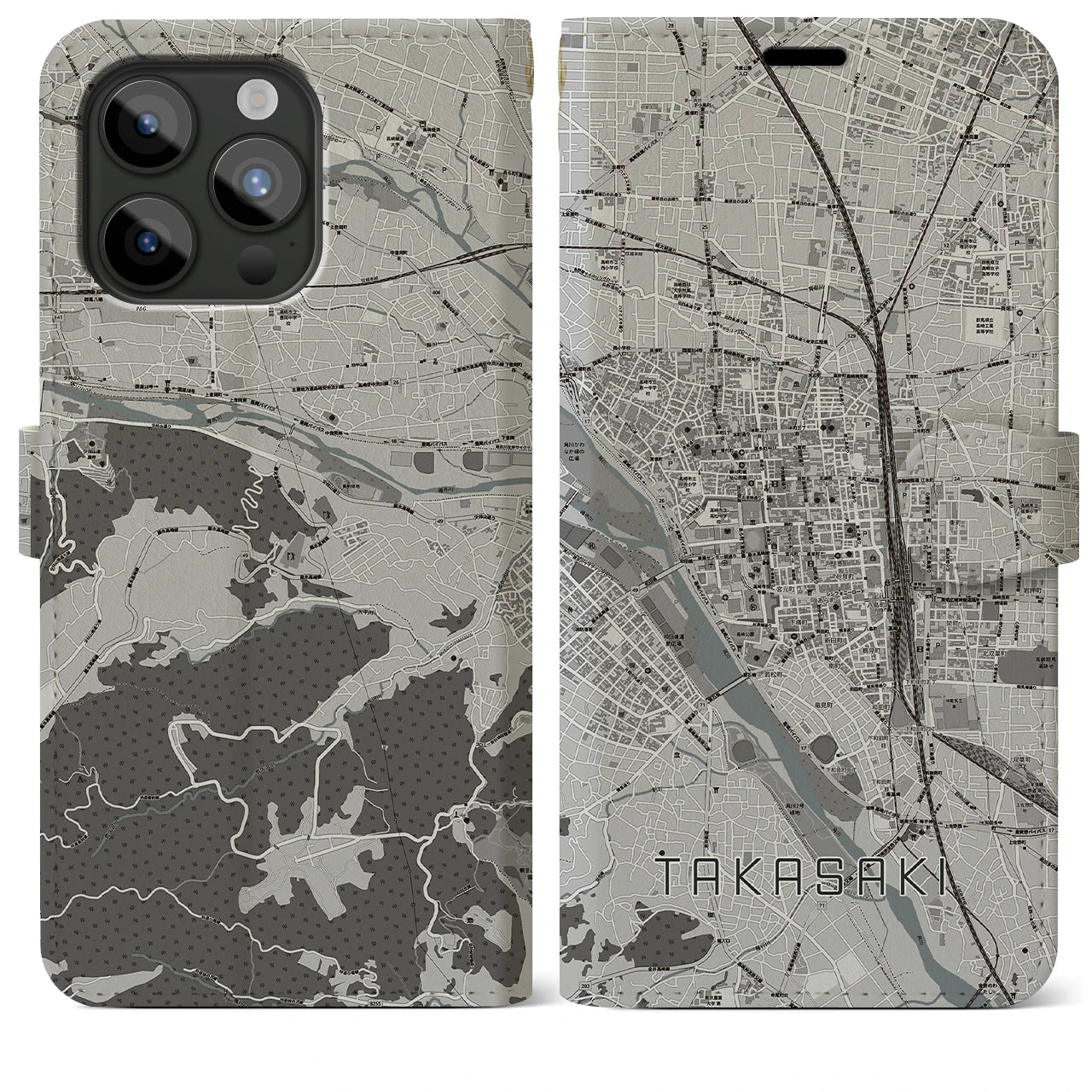 【高崎(群馬県)】地図柄iPhoneケース(手帳タイプ)モノトーン・iPhone 15 Pro Max 用