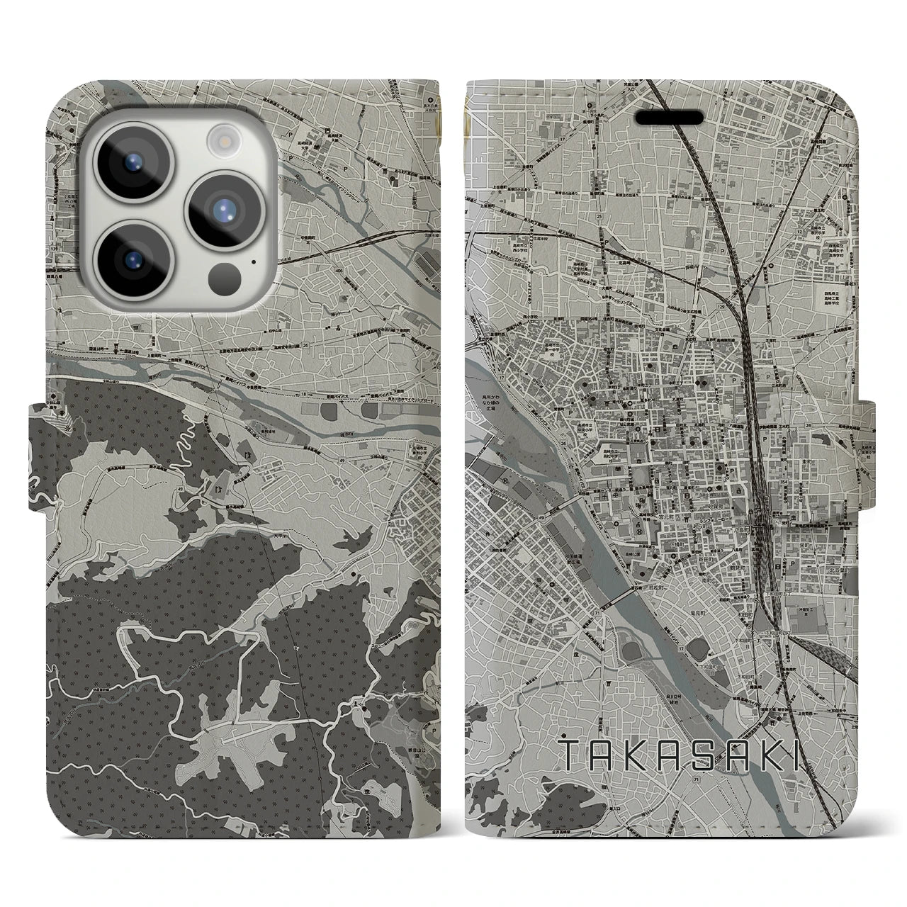 【高崎(群馬県)】地図柄iPhoneケース(手帳タイプ)モノトーン・iPhone 15 Pro 用