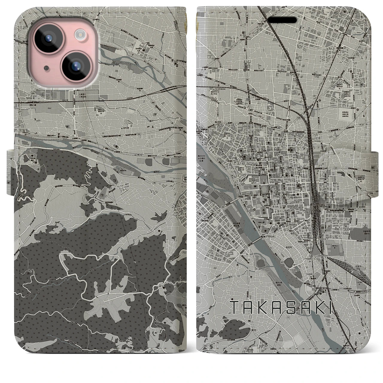 【高崎(群馬県)】地図柄iPhoneケース(手帳タイプ)モノトーン・iPhone 15 Plus 用