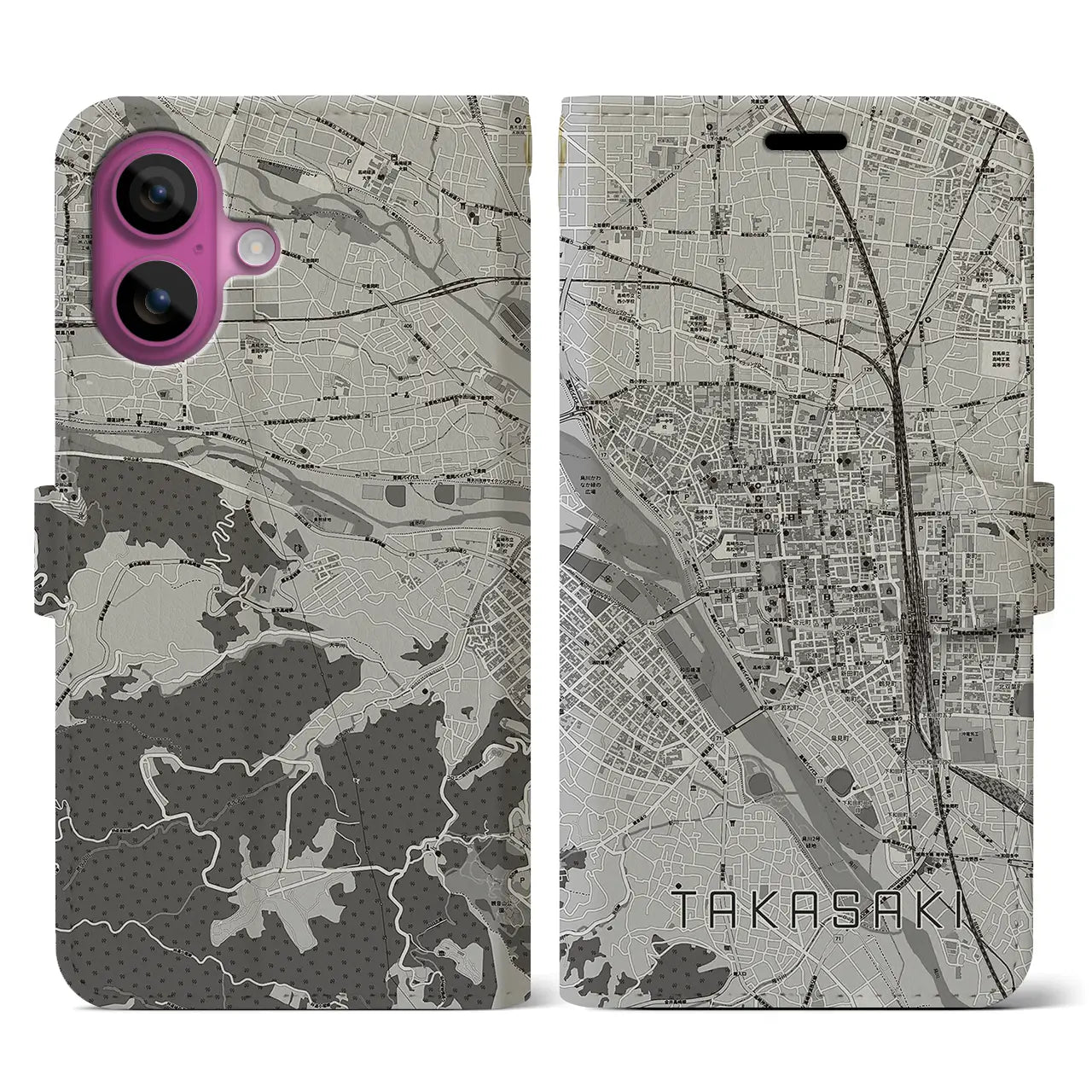 【高崎(群馬県)】地図柄iPhoneケース(手帳タイプ)モノトーン・iPhone 16 Pro 用