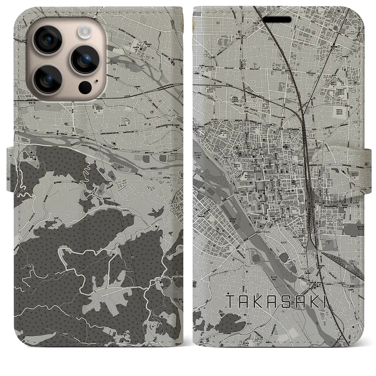 【高崎(群馬県)】地図柄iPhoneケース(手帳タイプ)モノトーン・iPhone 16 Plus 用