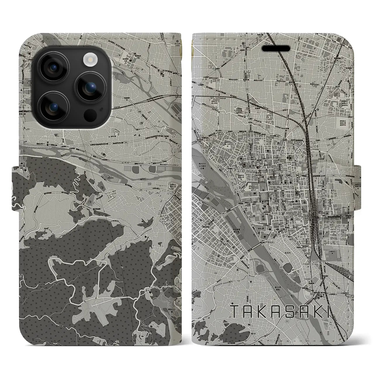 【高崎(群馬県)】地図柄iPhoneケース(手帳タイプ)モノトーン・iPhone 16 用