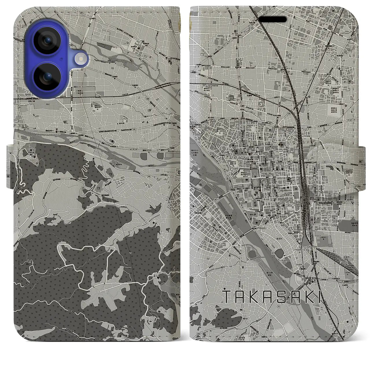 【高崎(群馬県)】地図柄iPhoneケース(手帳タイプ)モノトーン・iPhone 16 Pro Max 用