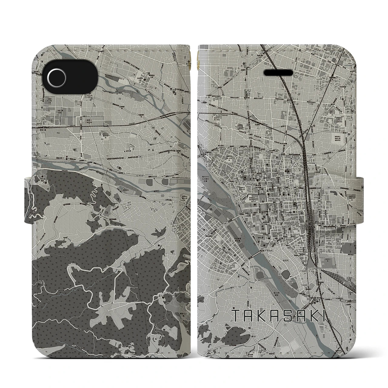 【高崎(群馬県)】地図柄iPhoneケース(手帳タイプ)モノトーン・iPhone SE(第3 / 第2世代) / 8 / 7 / 6s / 6 用