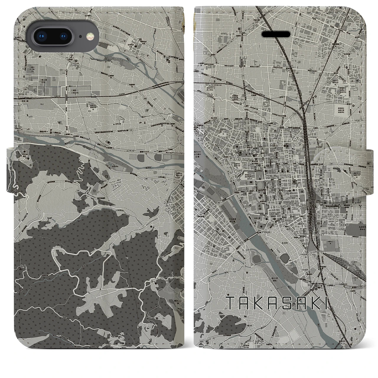 【高崎(群馬県)】地図柄iPhoneケース(手帳タイプ)モノトーン・iPhone 8Plus /7Plus / 6sPlus / 6Plus 用