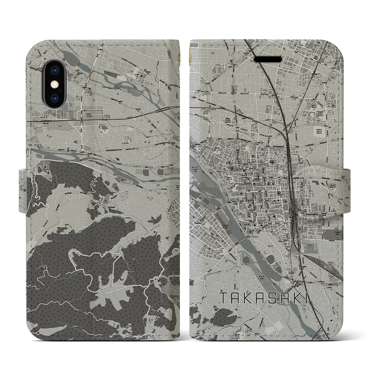 【高崎(群馬県)】地図柄iPhoneケース(手帳タイプ)モノトーン・iPhone XS / X 用