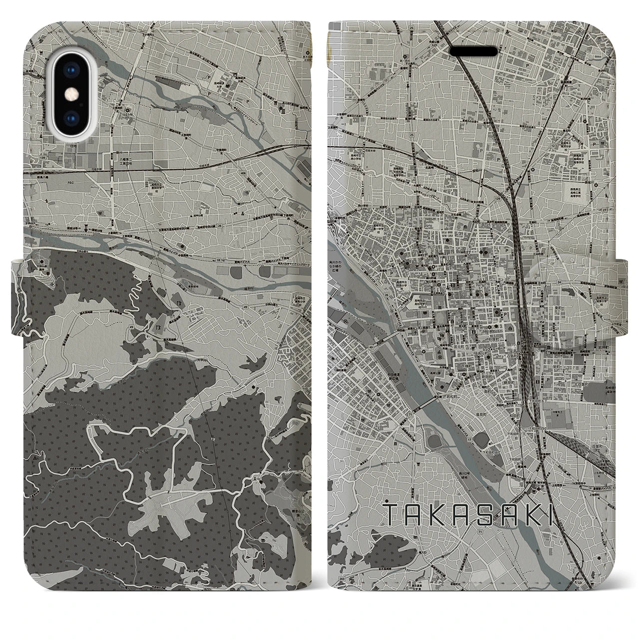 【高崎(群馬県)】地図柄iPhoneケース(手帳タイプ)モノトーン・iPhone XS Max 用