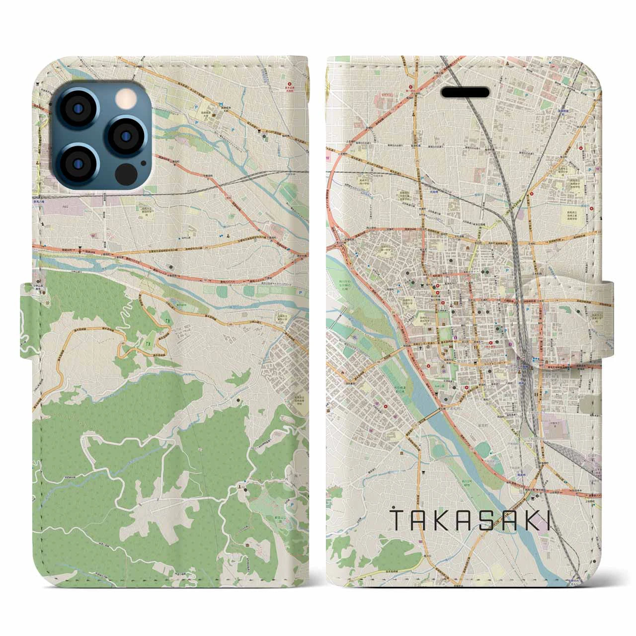 【高崎(群馬県)】地図柄iPhoneケース(手帳タイプ)ナチュラル・iPhone 12 / 12 Pro 用
