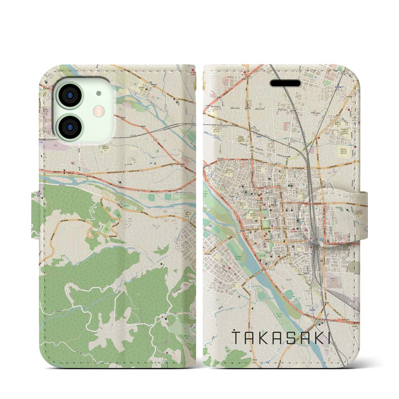 【高崎(群馬県)】地図柄iPhoneケース(手帳タイプ)ナチュラル・iPhone 12 mini 用